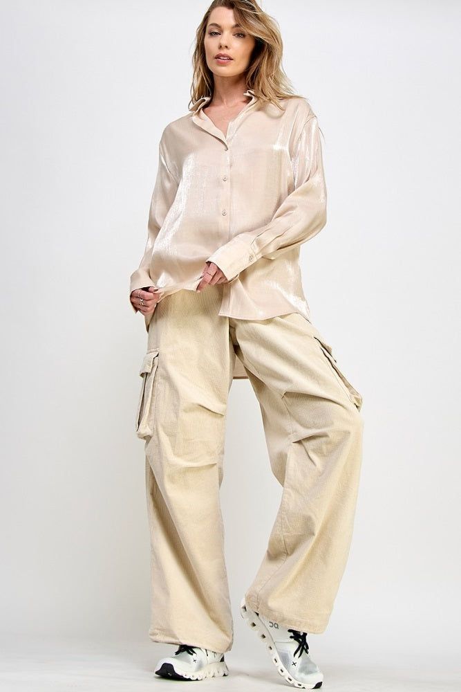 Beige Shimmer Satin Button Up Long Sleeve Blouse sold by Pinkblush product image thumbnail 4