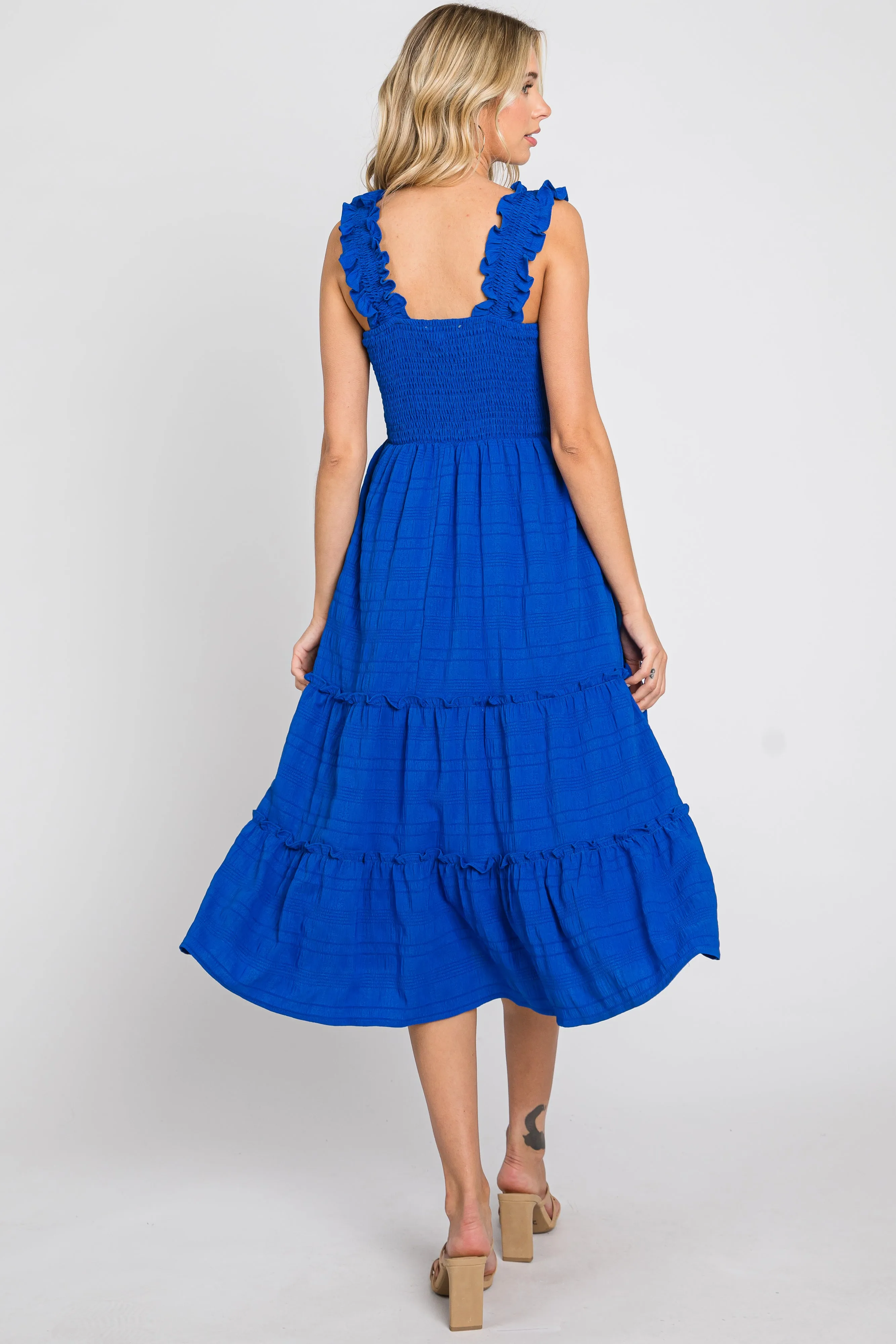 Royal Smocked Square Neck Ruffle Strap Tiered Midi Dress sold by Pinkblush product image thumbnail 3
