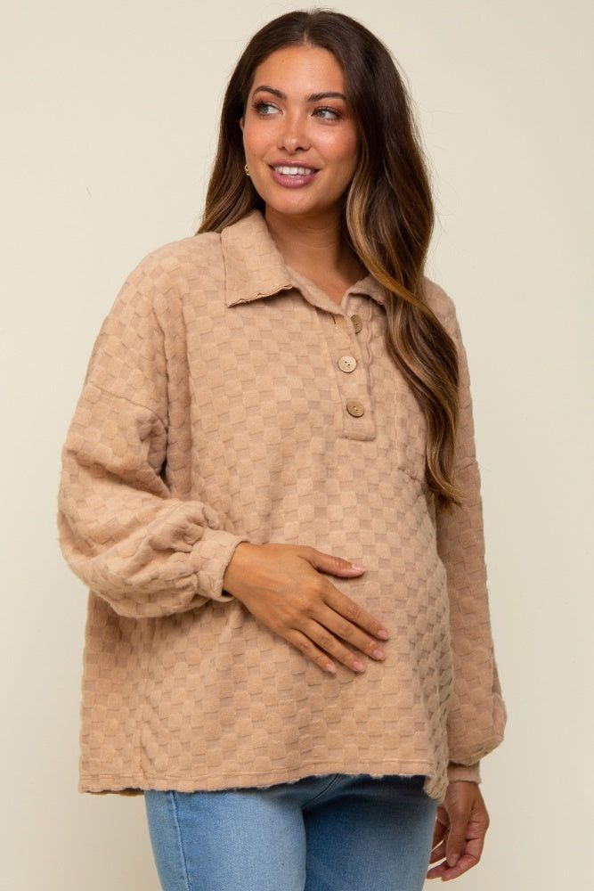 Taupe Fuzzy Checkered Button Front Maternity Top sold by Pinkblush product image thumbnail 2