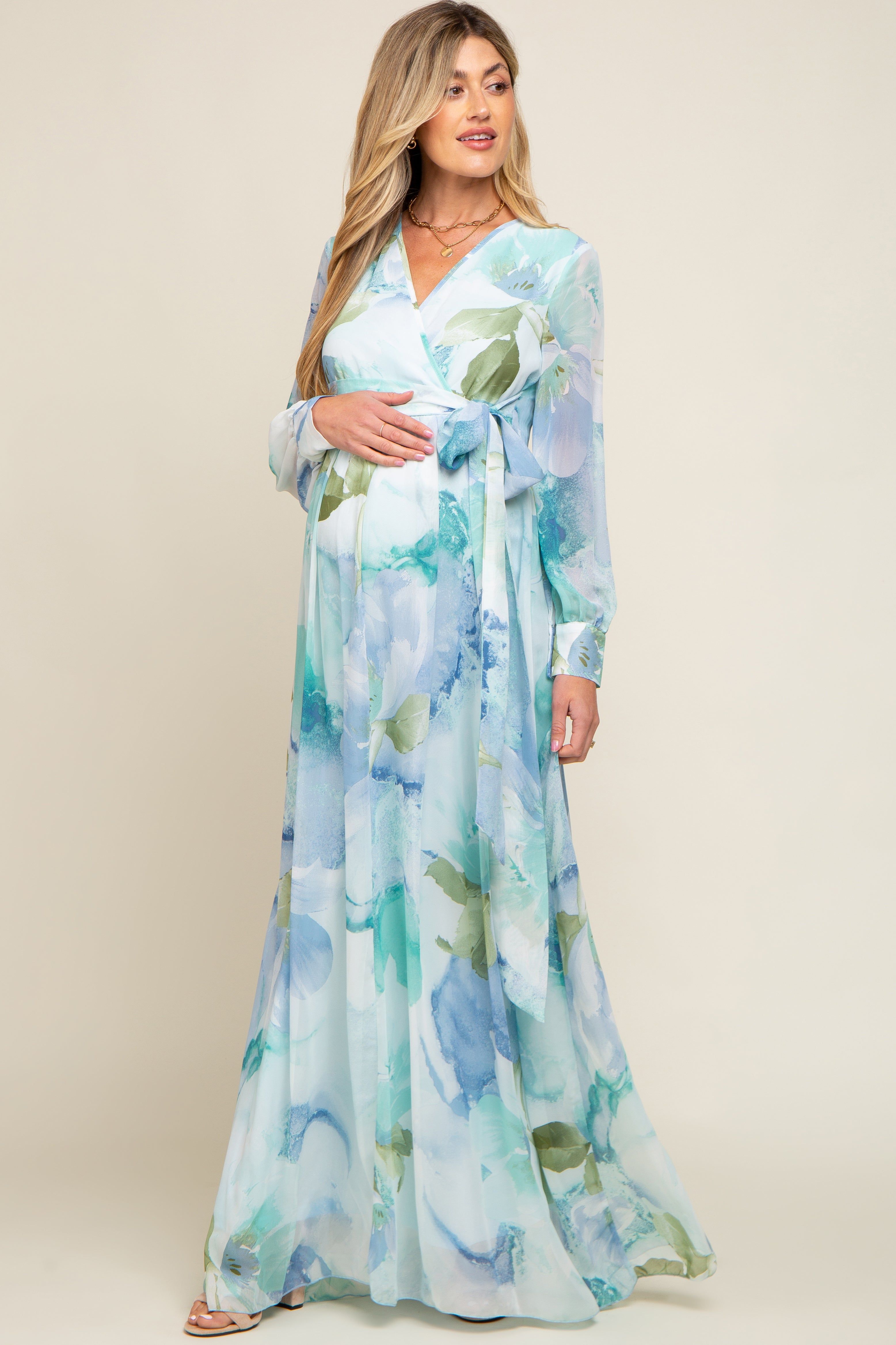 Blue Floral Chiffon Maternity Maxi Dress sold by Pinkblush product image thumbnail 4