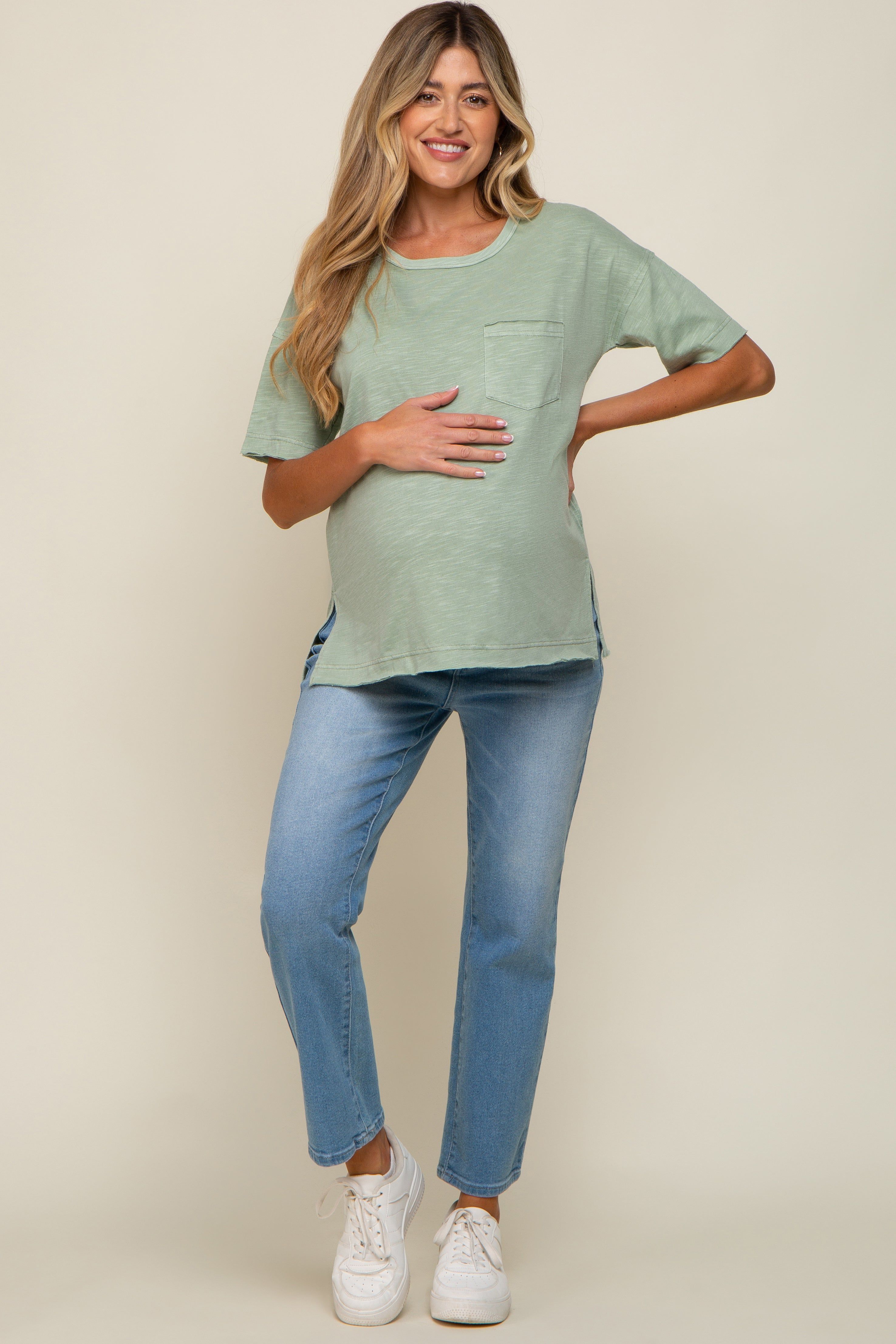 Light Olive Raw Hem Front Pocket Maternity T-Shirt sold by Pinkblush product image thumbnail 4