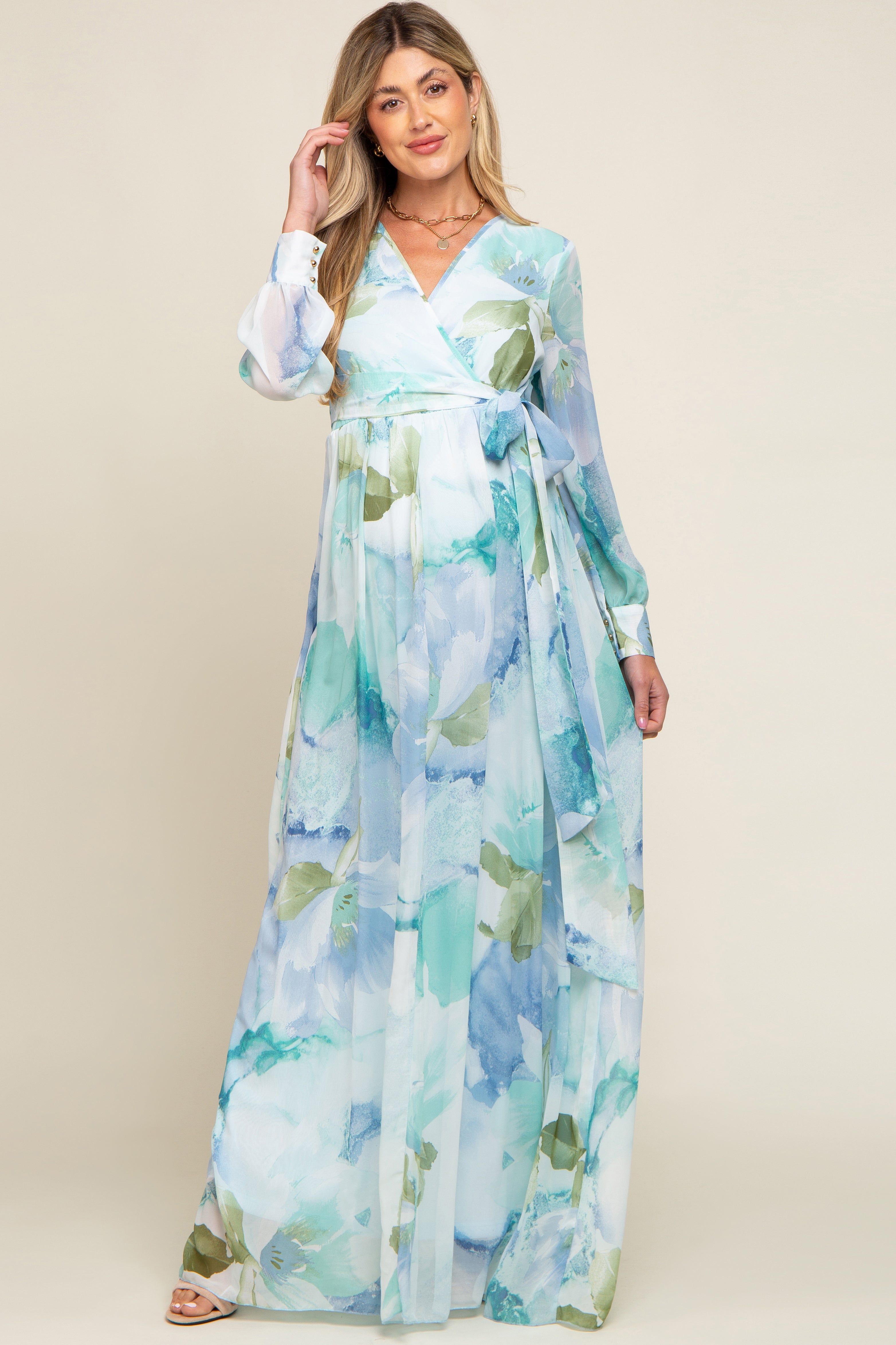 Blue Floral Chiffon Maternity Maxi Dress sold by Pinkblush