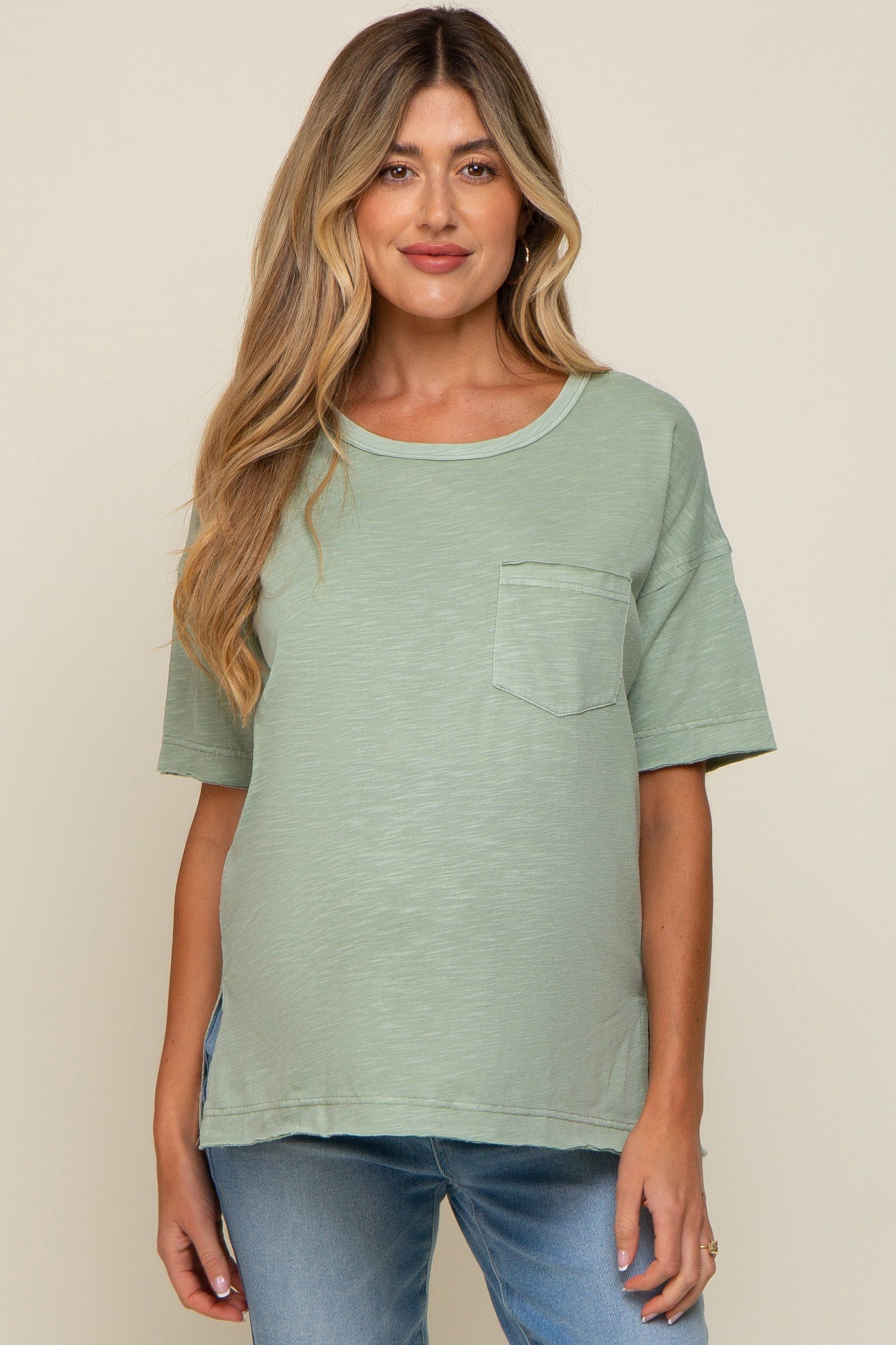 Light Olive Raw Hem Front Pocket Maternity T-Shirt sold by Pinkblush
