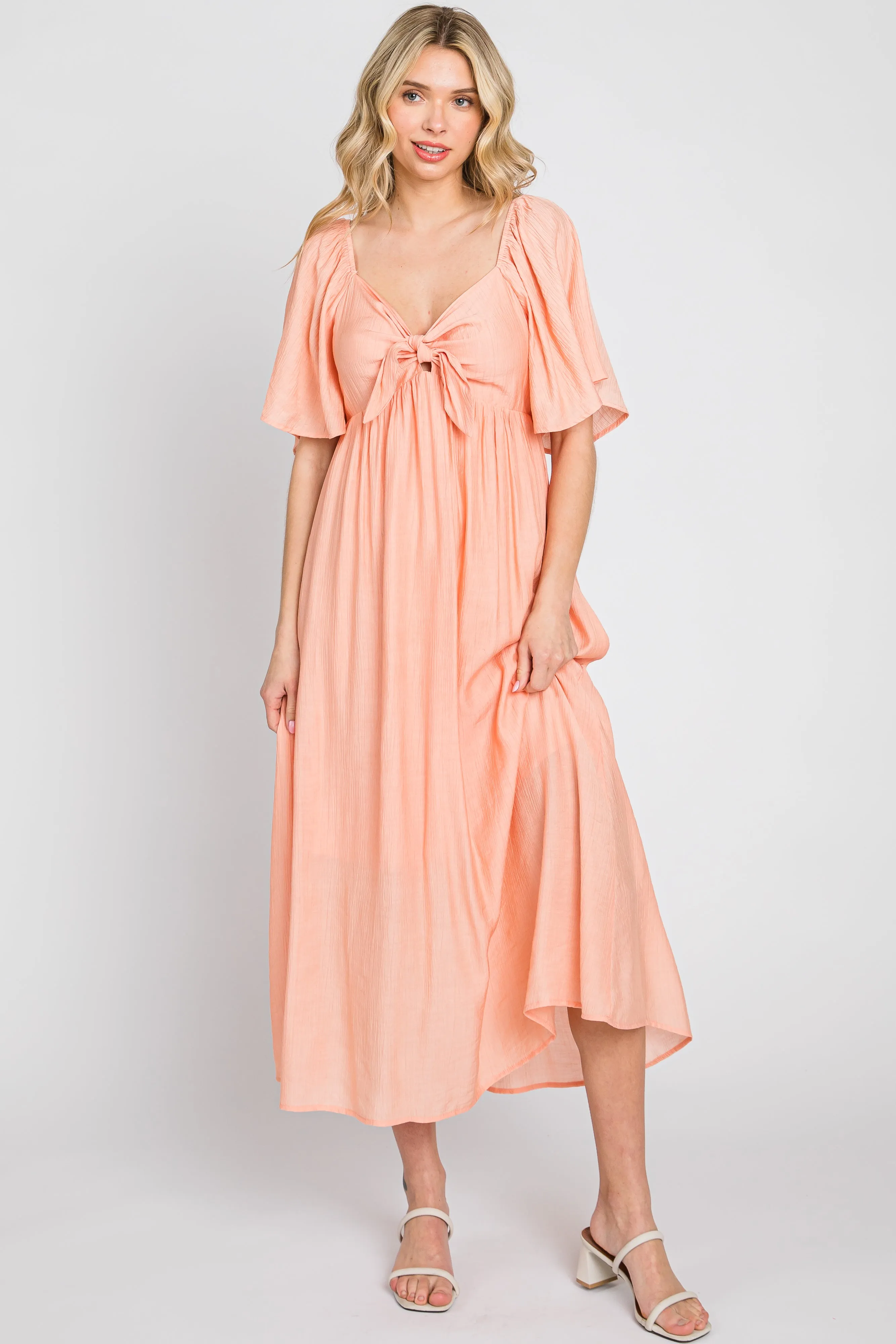 Peach Front Tie Ruffle Sleeve Midi Dress sold by Pinkblush product image thumbnail 2