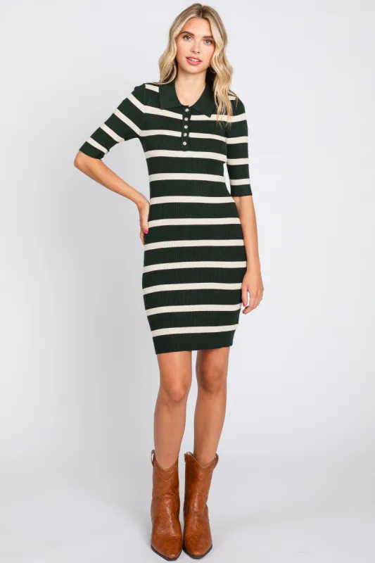 Olive Striped Rib Knit Collared Dress sold by Pinkblush