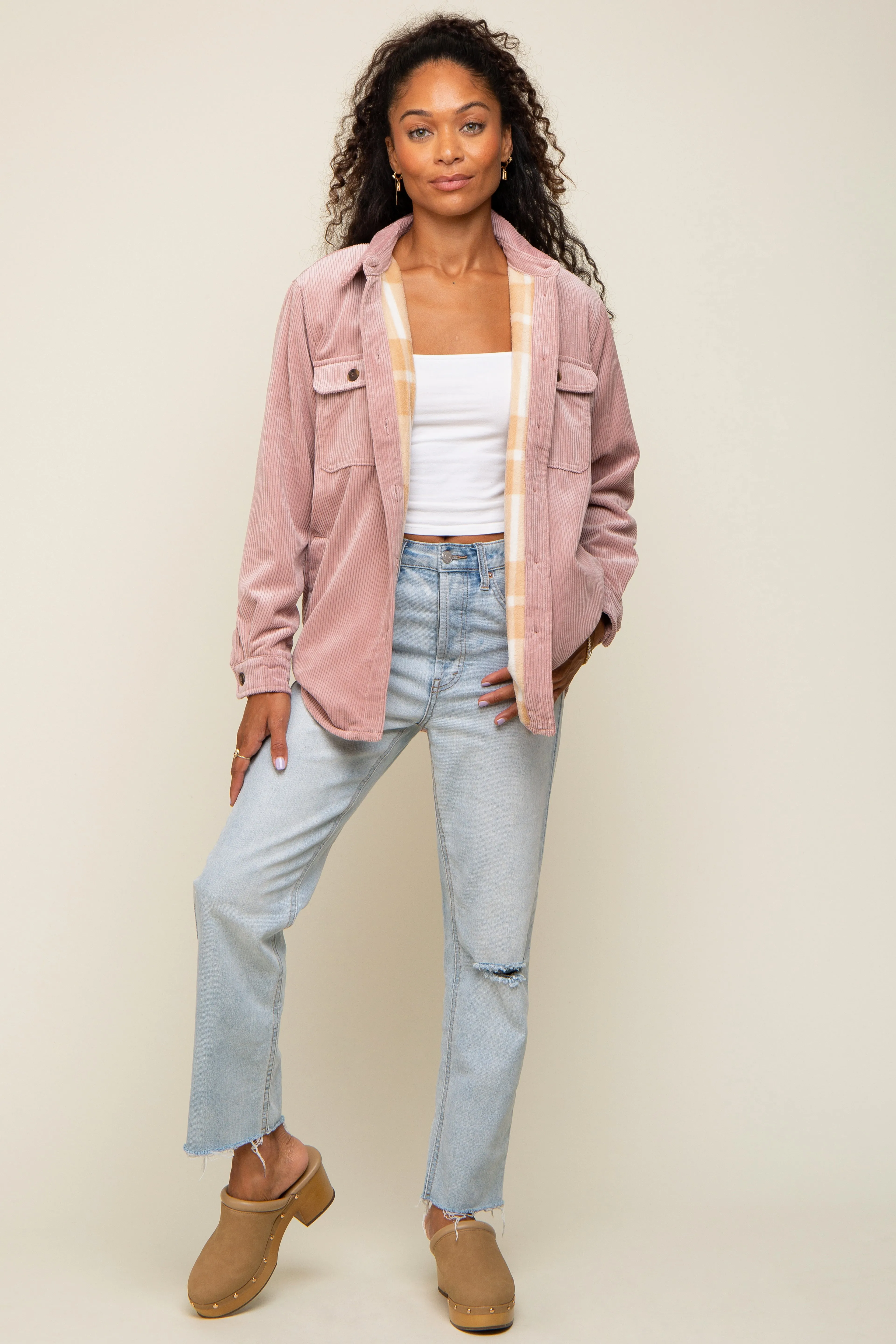 Mauve Corduroy Plaid Fleece Lined Button Down Shacket sold by Pinkblush product image thumbnail 5
