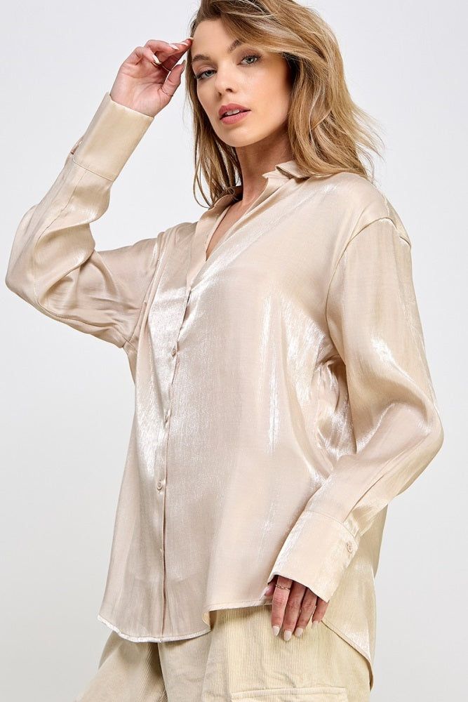 Beige Shimmer Satin Button Up Long Sleeve Blouse sold by Pinkblush product image thumbnail 2