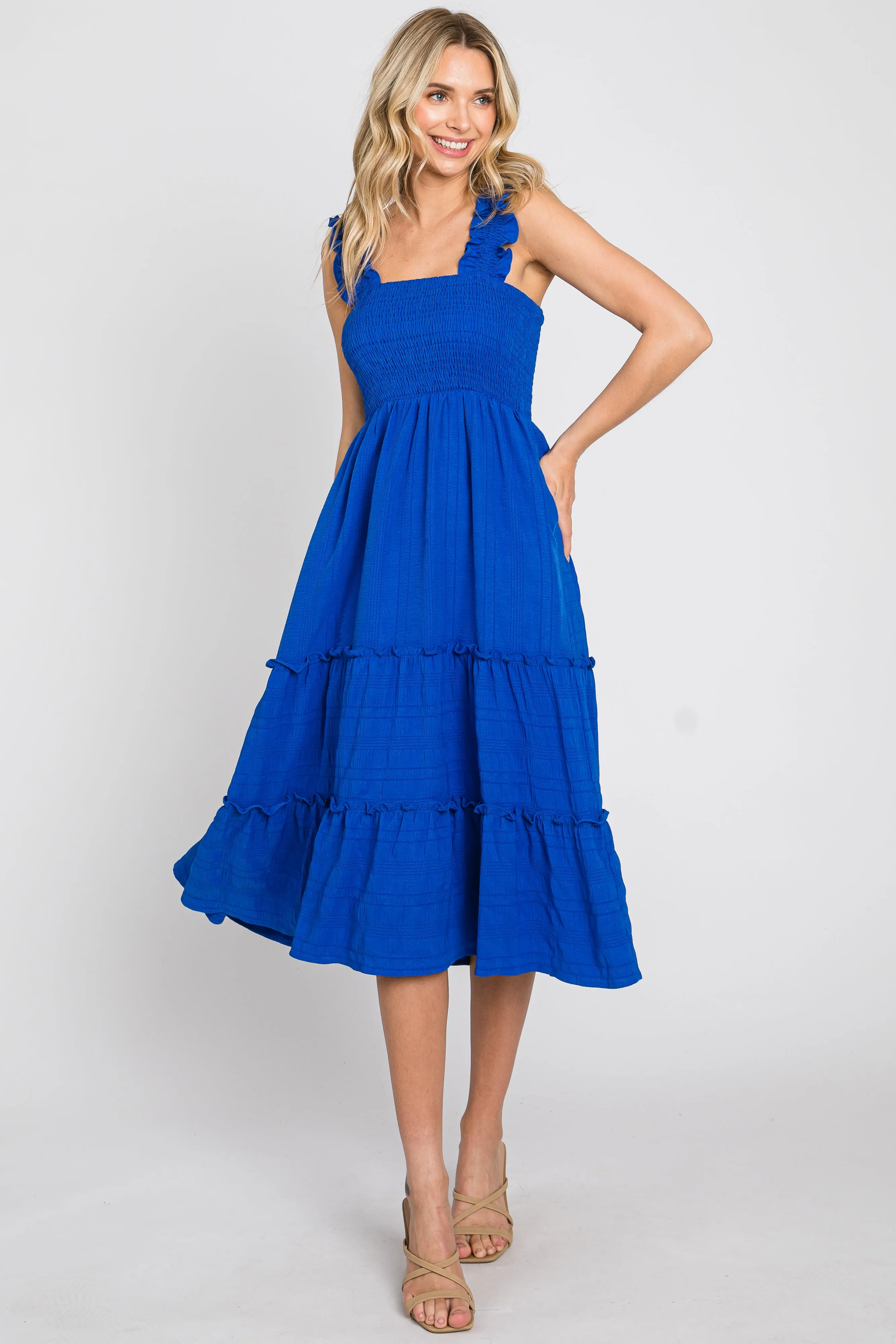 Royal Smocked Square Neck Ruffle Strap Tiered Midi Dress sold by Pinkblush