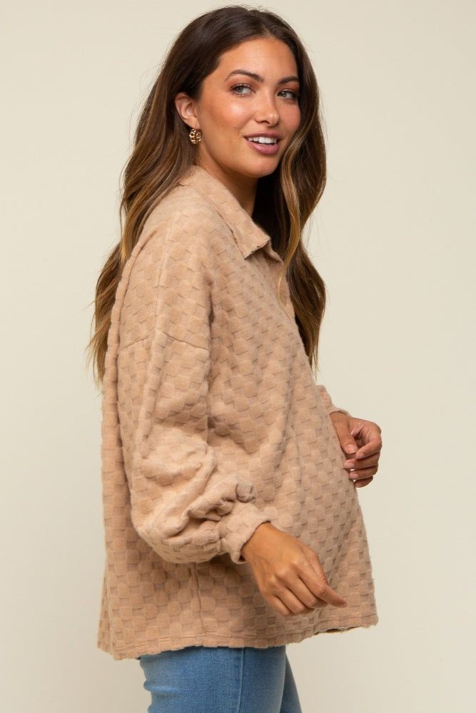 Taupe Fuzzy Checkered Button Front Maternity Top sold by Pinkblush product image thumbnail 3