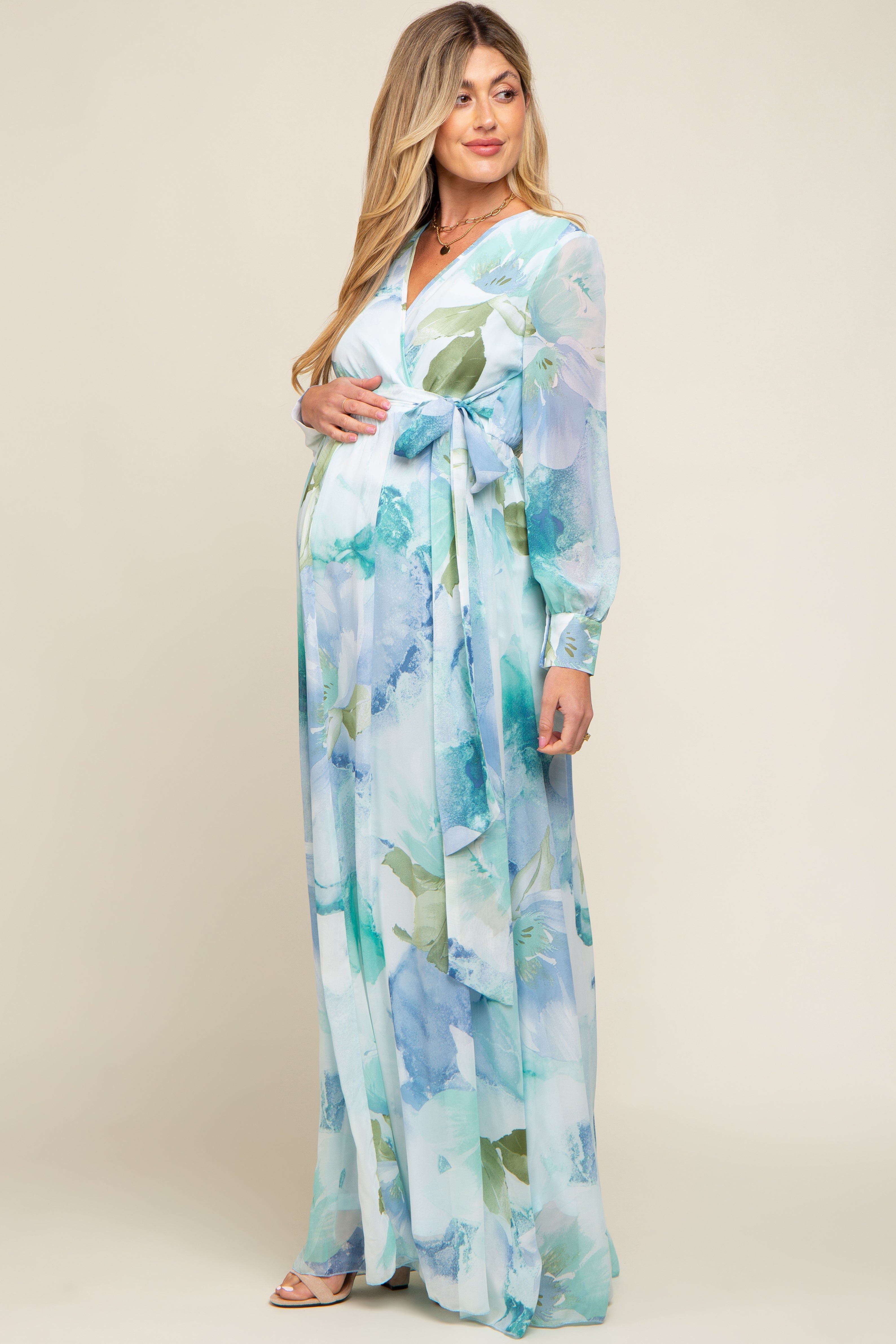 Blue Floral Chiffon Maternity Maxi Dress sold by Pinkblush product image thumbnail 2