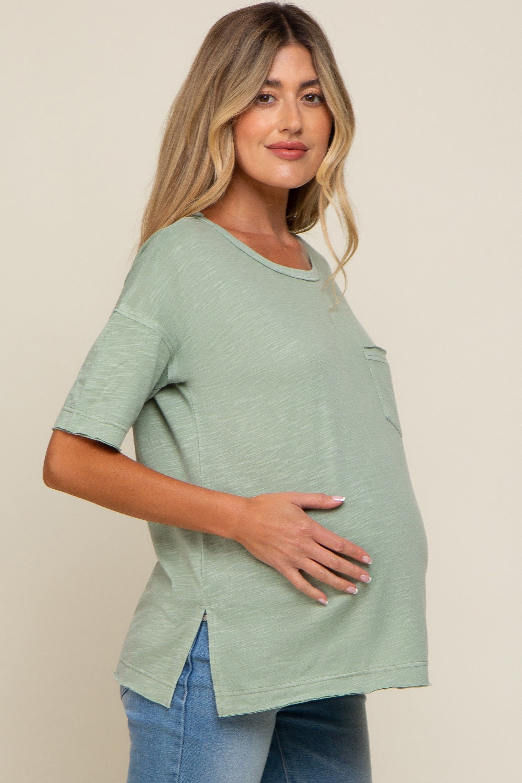 Light Olive Raw Hem Front Pocket Maternity T-Shirt sold by Pinkblush product image thumbnail 2