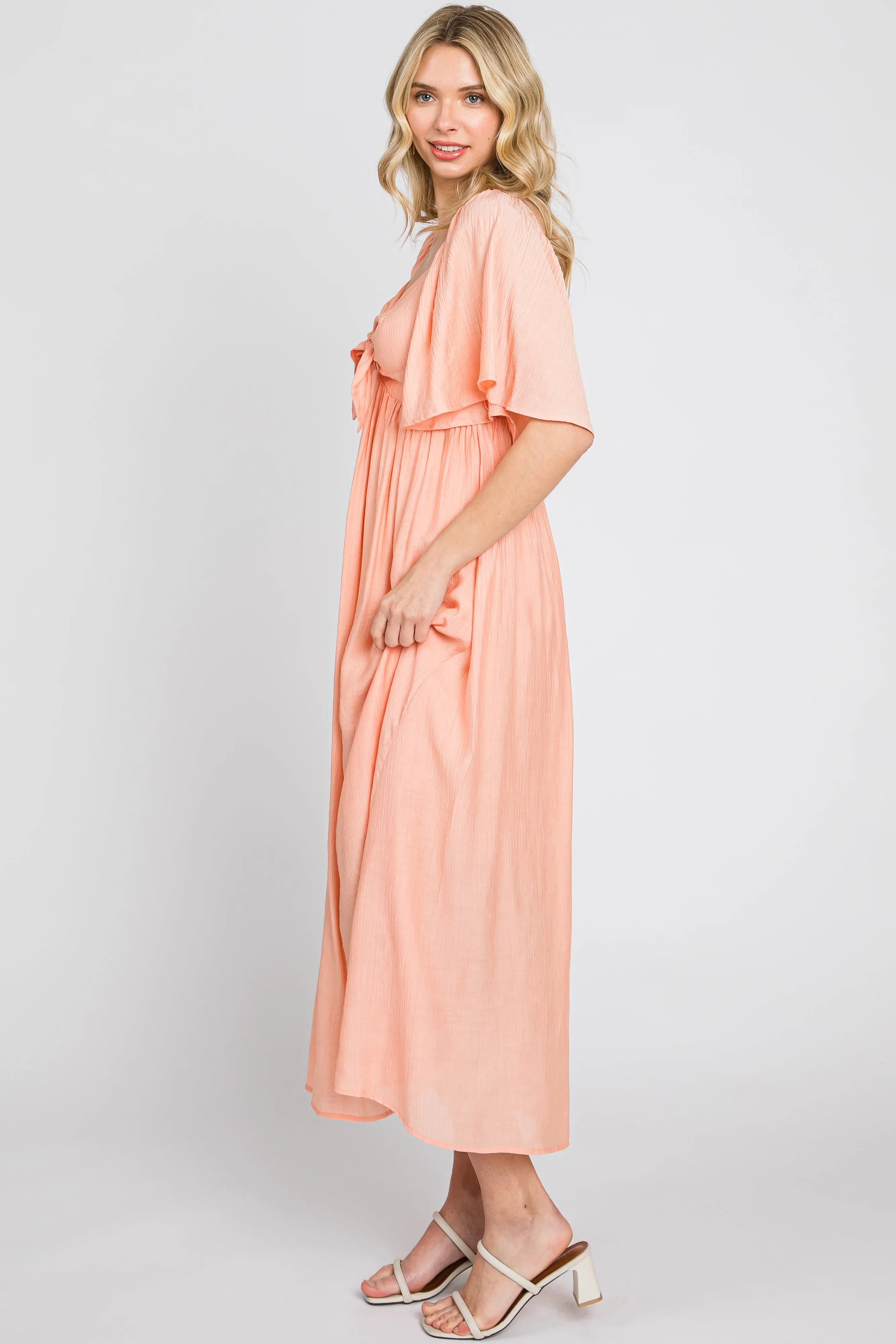 Peach Front Tie Ruffle Sleeve Midi Dress sold by Pinkblush product image thumbnail 3