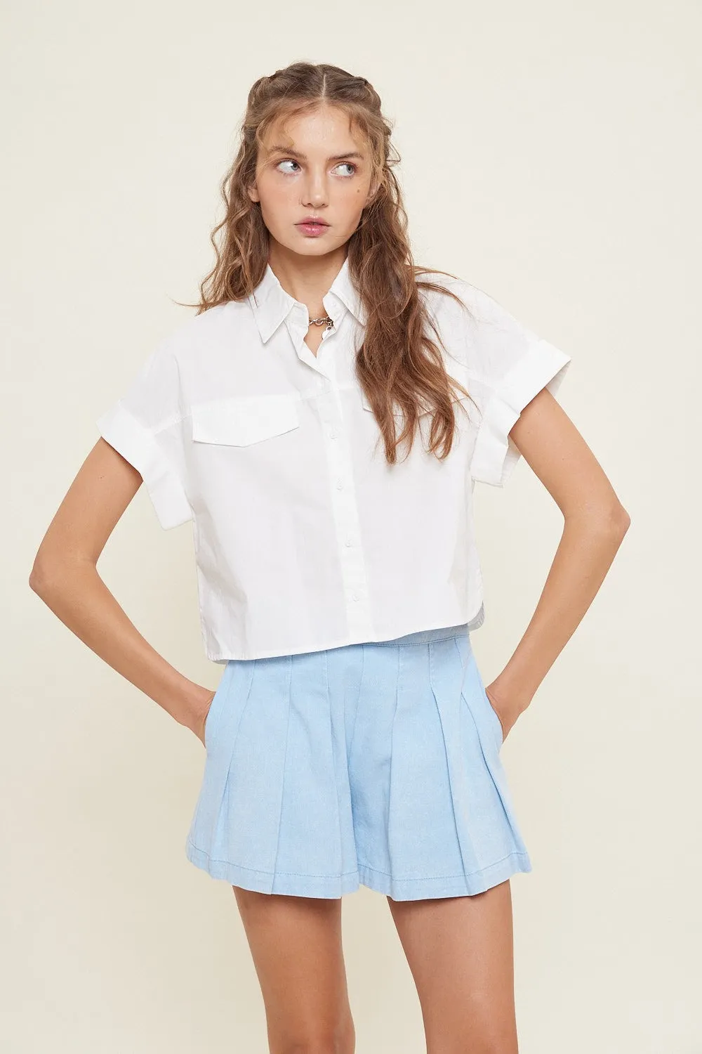 White Crop Button Down Shirt With Drop Shoulders sold by Pinkblush