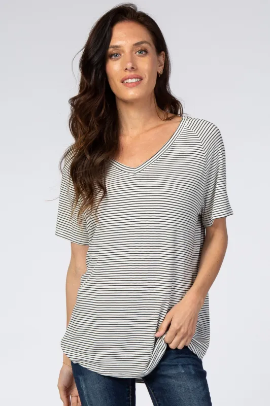 White Striped V-Neck Short Sleeve Top sold by Pinkblush