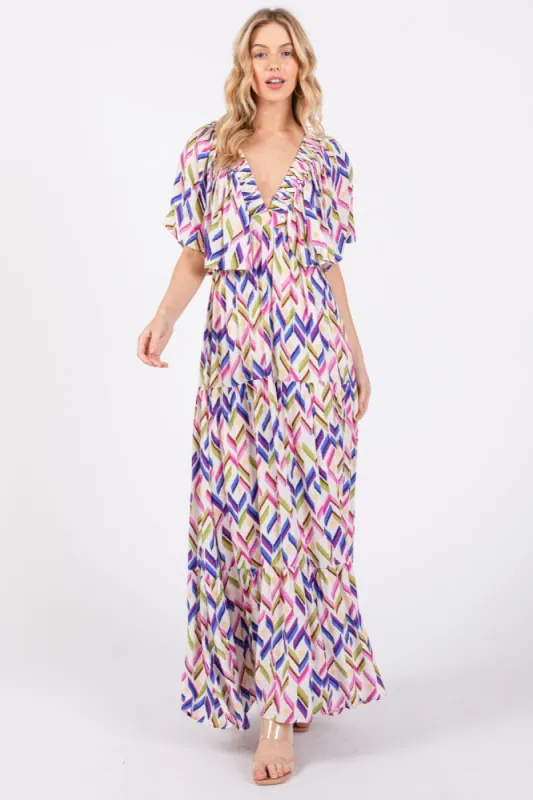 Multicolor Printed Deep V-Neck Tiered Maxi Dress sold by Pinkblush