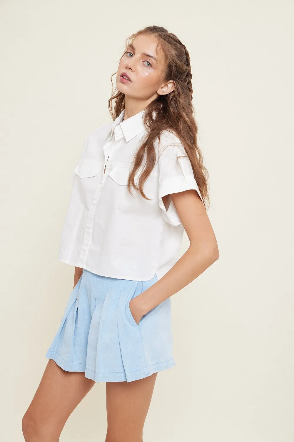 White Crop Button Down Shirt With Drop Shoulders sold by Pinkblush product image thumbnail 2