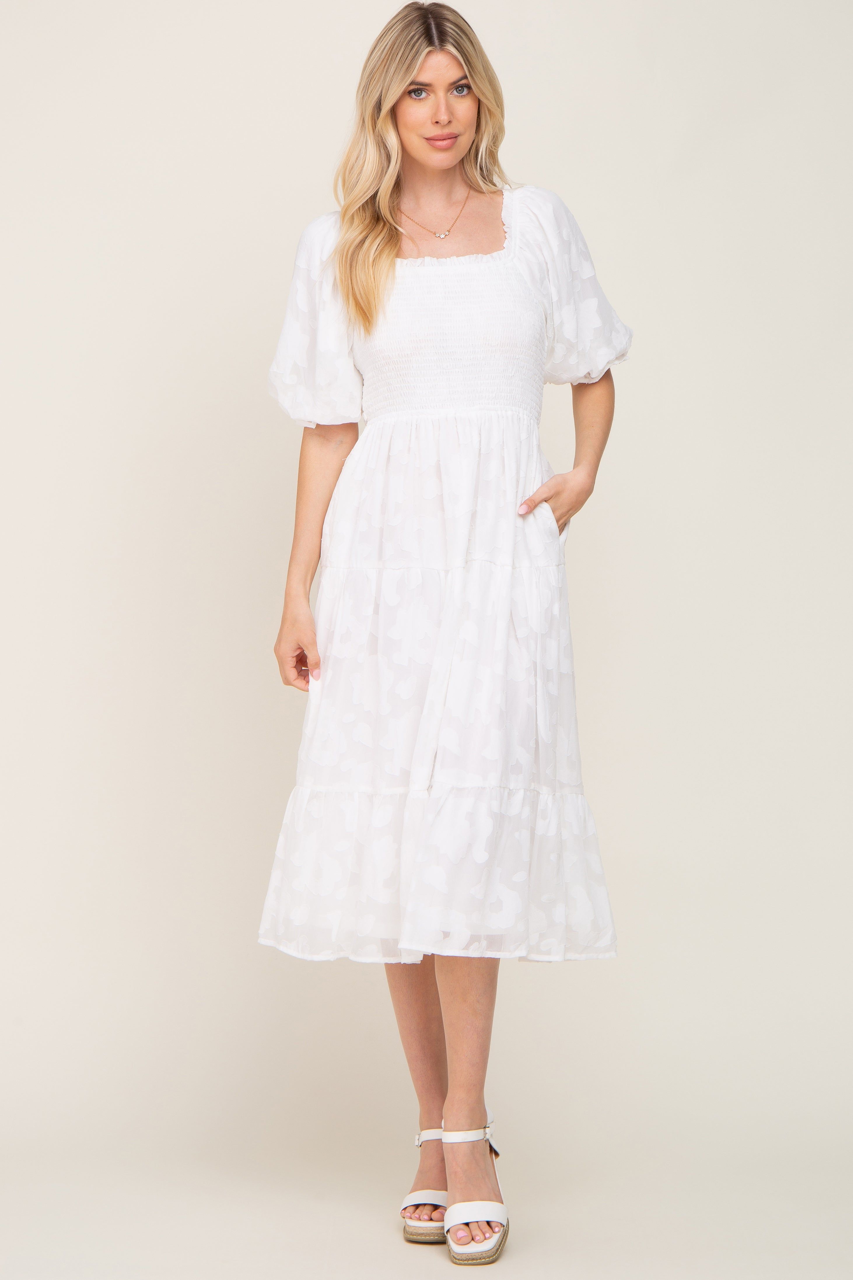 Ivory Floral Textured Tiered Midi Dress sold by Pinkblush product image thumbnail 4