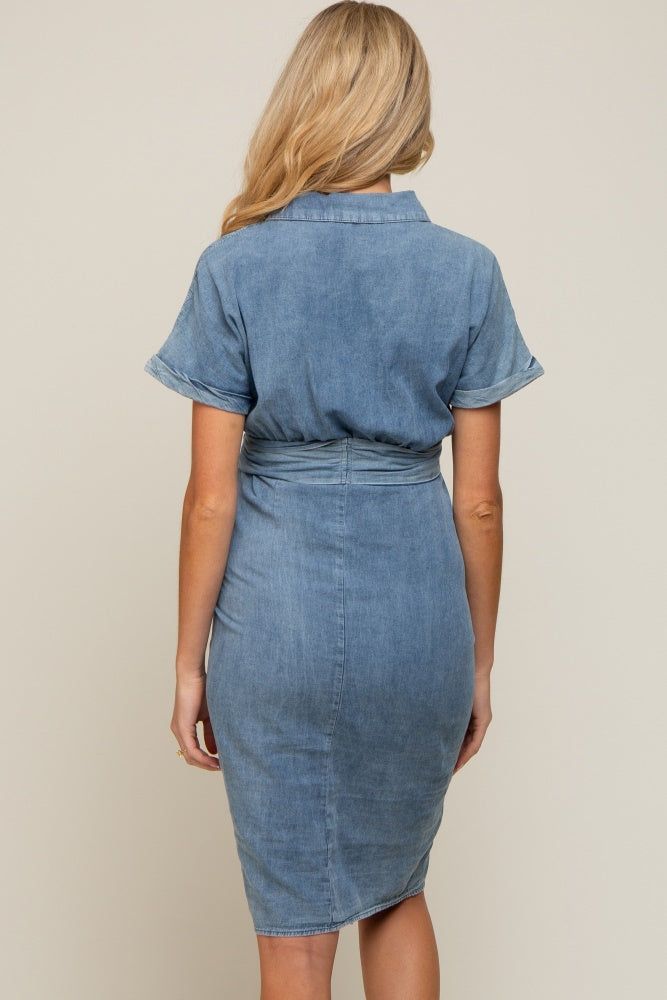 Blue Chambray Front Tie Button Up Maternity Dress sold by Pinkblush product image thumbnail 4