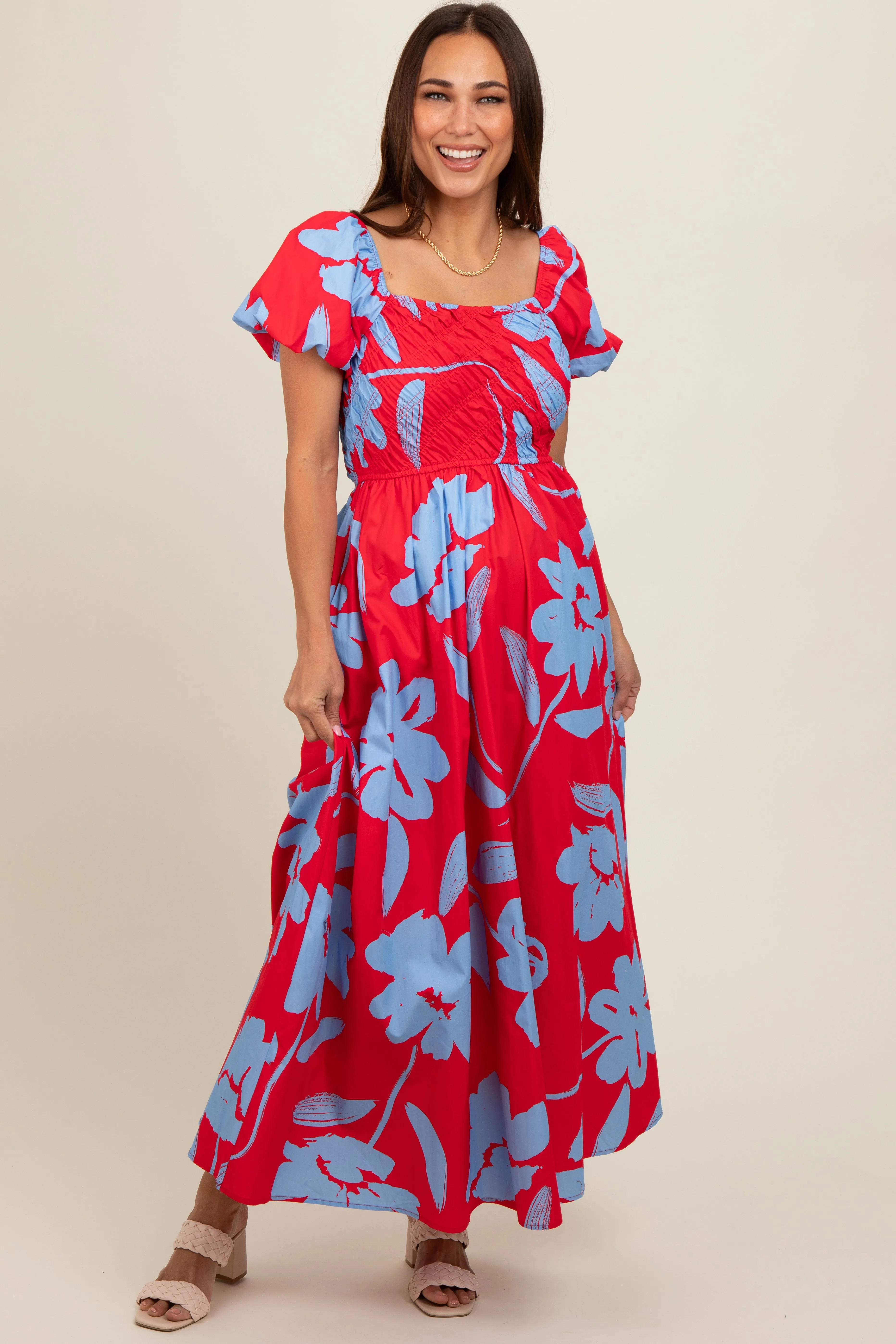Red Floral Print Bias Smocked Bust Maternity Maxi Dress sold by Pinkblush