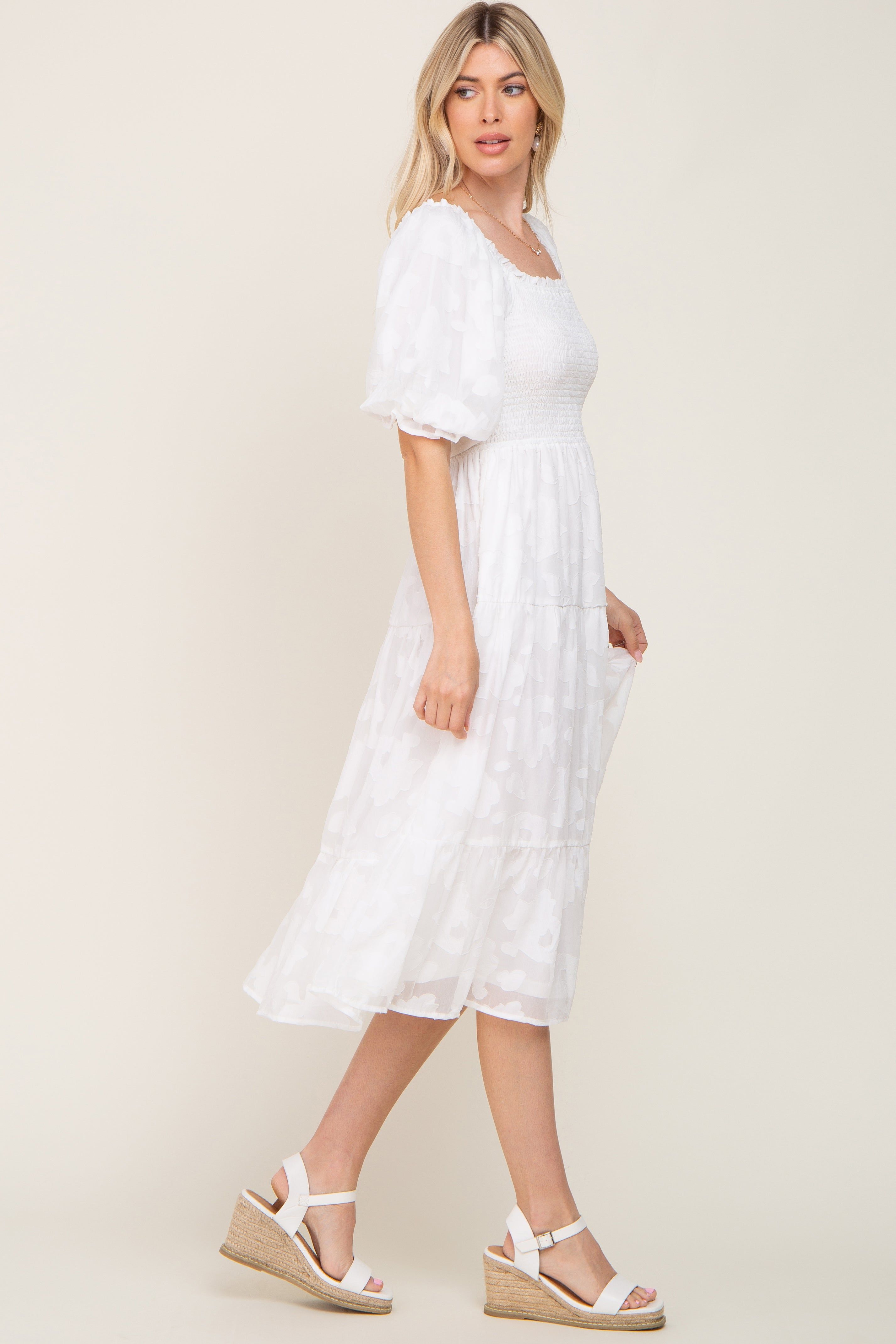 Ivory Floral Textured Tiered Midi Dress sold by Pinkblush product image thumbnail 2