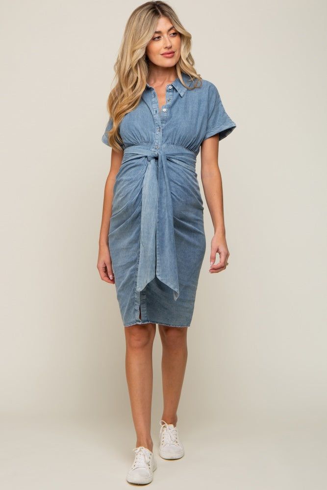 Blue Chambray Front Tie Button Up Maternity Dress sold by Pinkblush product image thumbnail 5