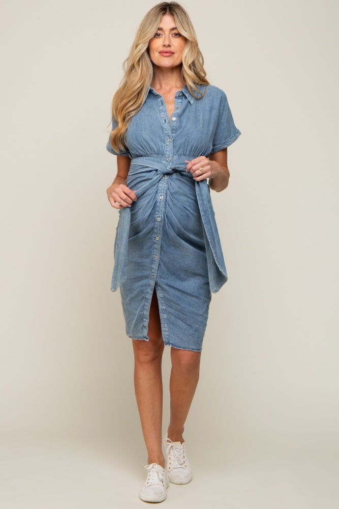 Blue Chambray Front Tie Button Up Maternity Dress sold by Pinkblush product image thumbnail 2