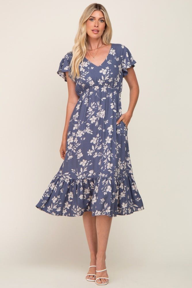Blue Floral Short Flutter Sleeve Midi Dress sold by Pinkblush product image thumbnail 4