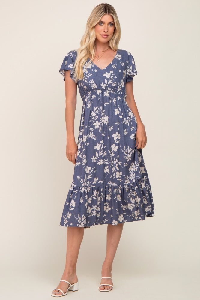 Blue Floral Short Flutter Sleeve Midi Dress sold by Pinkblush