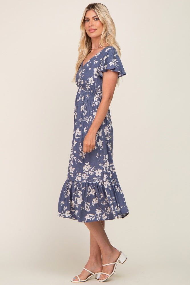 Blue Floral Short Flutter Sleeve Midi Dress sold by Pinkblush product image thumbnail 2