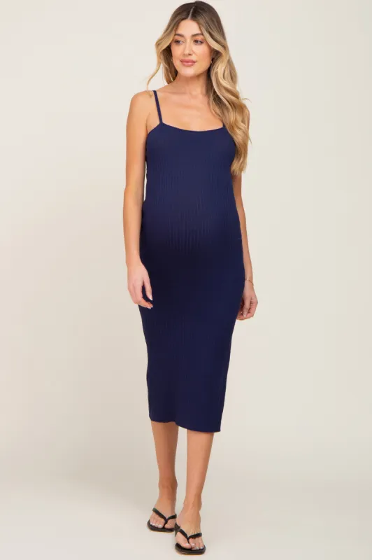 Navy Ribbed Knit Side Slit Maternity Midi Dress sold by Pinkblush