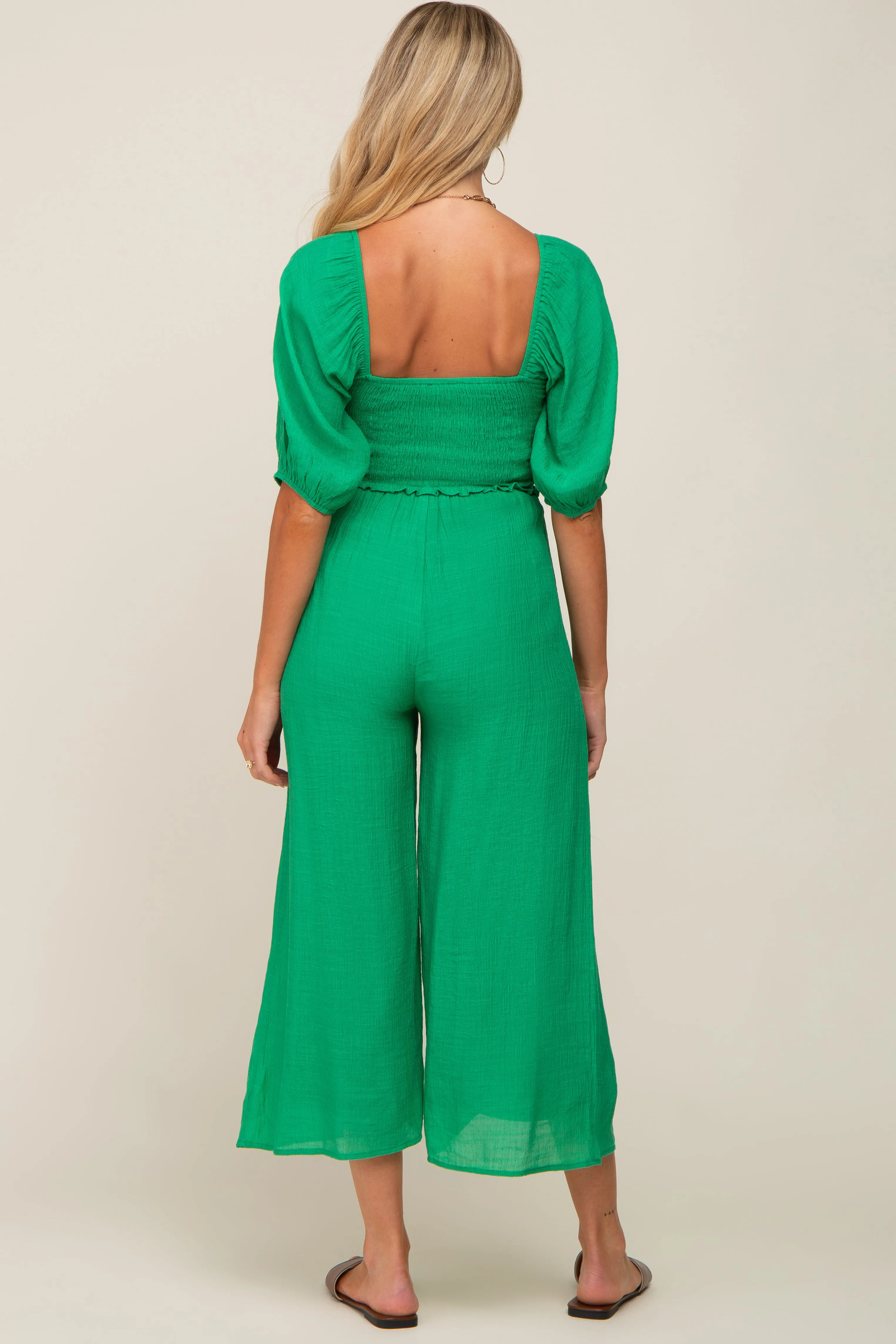 Green Smocked Drawstring Front Short Sleeve Maternity Jumpsuit sold by Pinkblush product image thumbnail 3