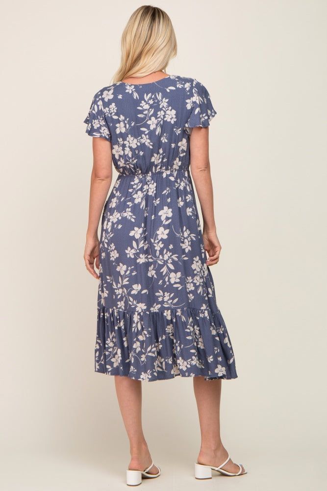 Blue Floral Short Flutter Sleeve Midi Dress sold by Pinkblush product image thumbnail 3
