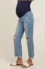 Light Blue Open Knee Fringe Hem Straight Leg Maternity Jeans sold by Pinkblush