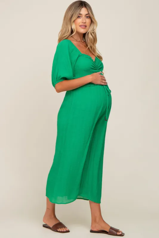 Green Smocked Drawstring Front Short Sleeve Maternity Jumpsuit sold by Pinkblush