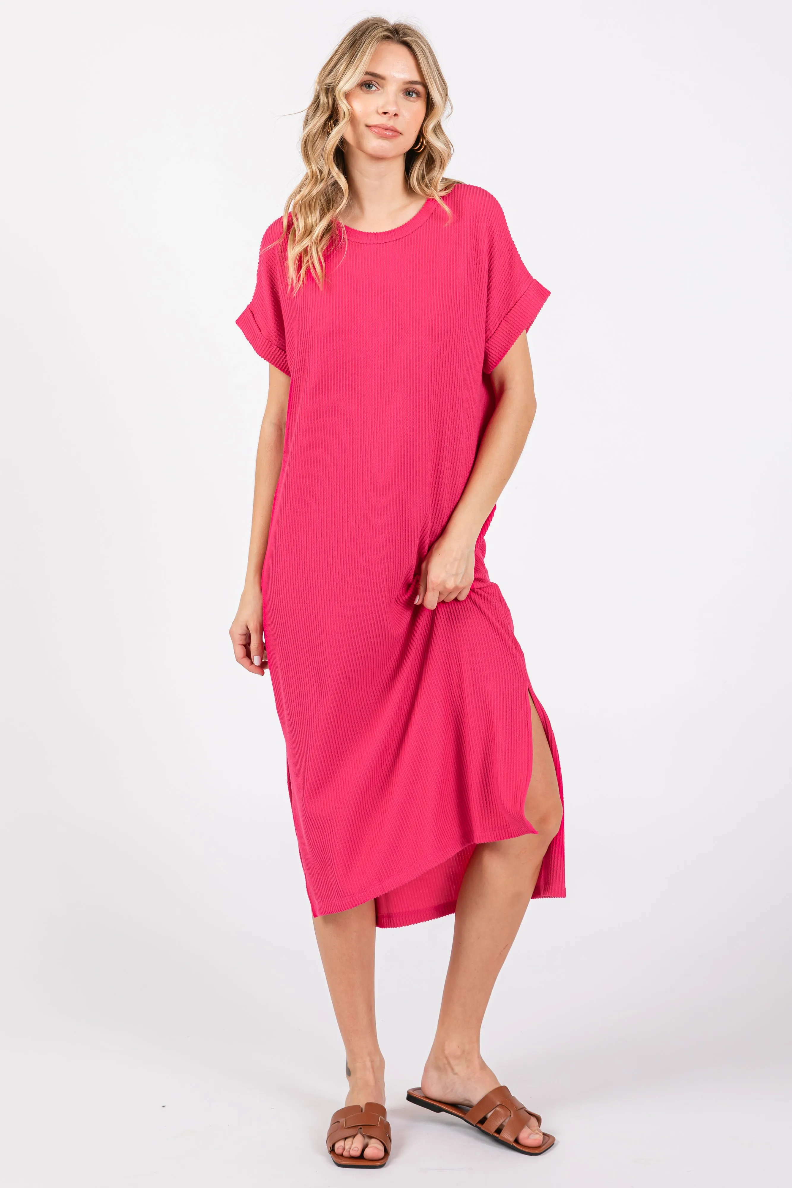 Fuchsia Ribbed Short Sleeve Maternity Midi Dress sold by Pinkblush product image thumbnail 4