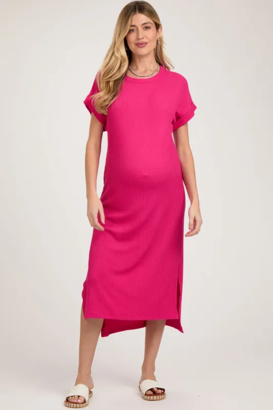 Fuchsia Ribbed Short Sleeve Maternity Midi Dress sold by Pinkblush
