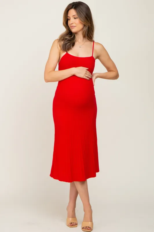 Red Ribbed A-Line Maternity Midi Dress sold by Pinkblush