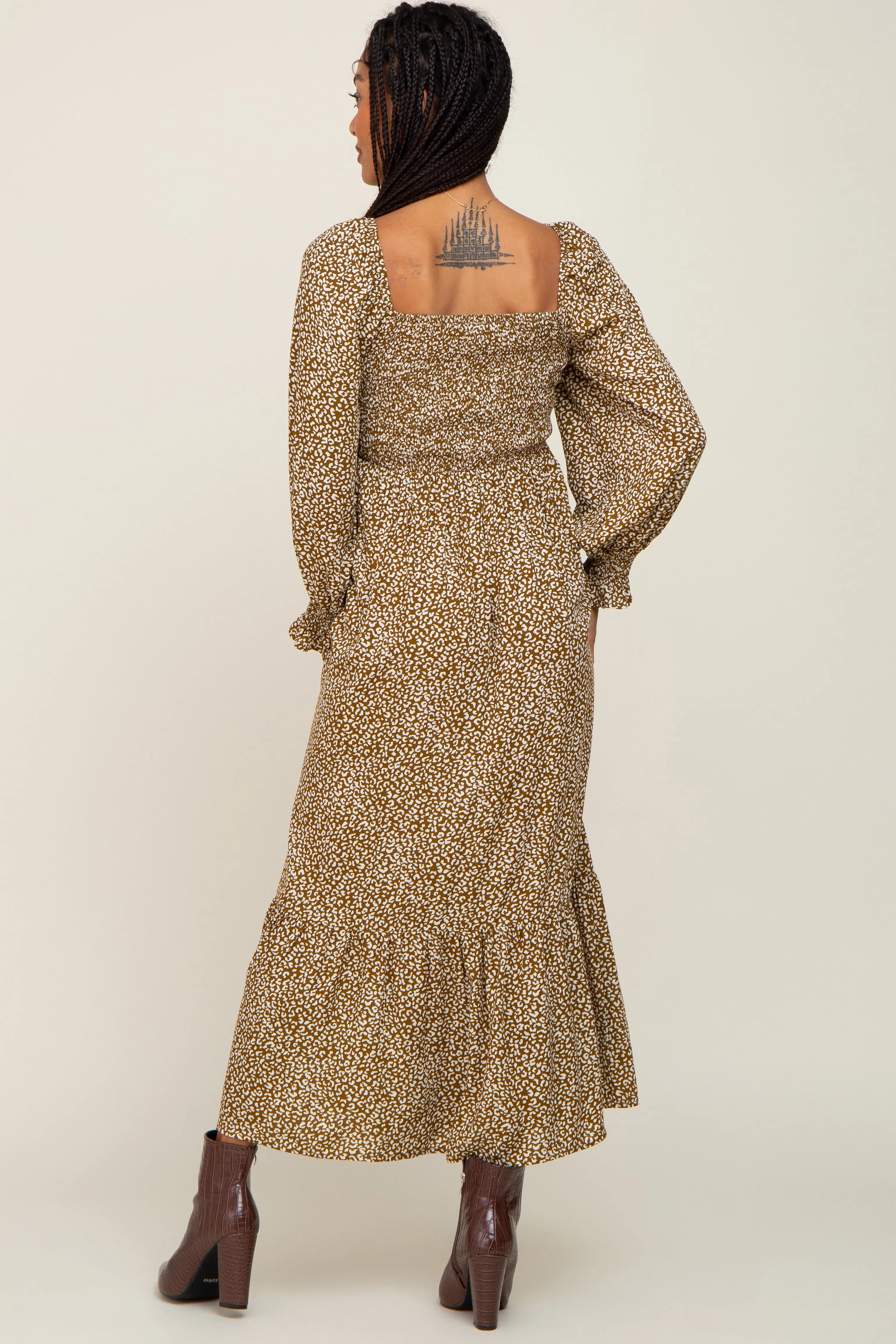 Mocha Leopard Print Square Neck Smocked Midi Dress sold by Pinkblush product image thumbnail 3