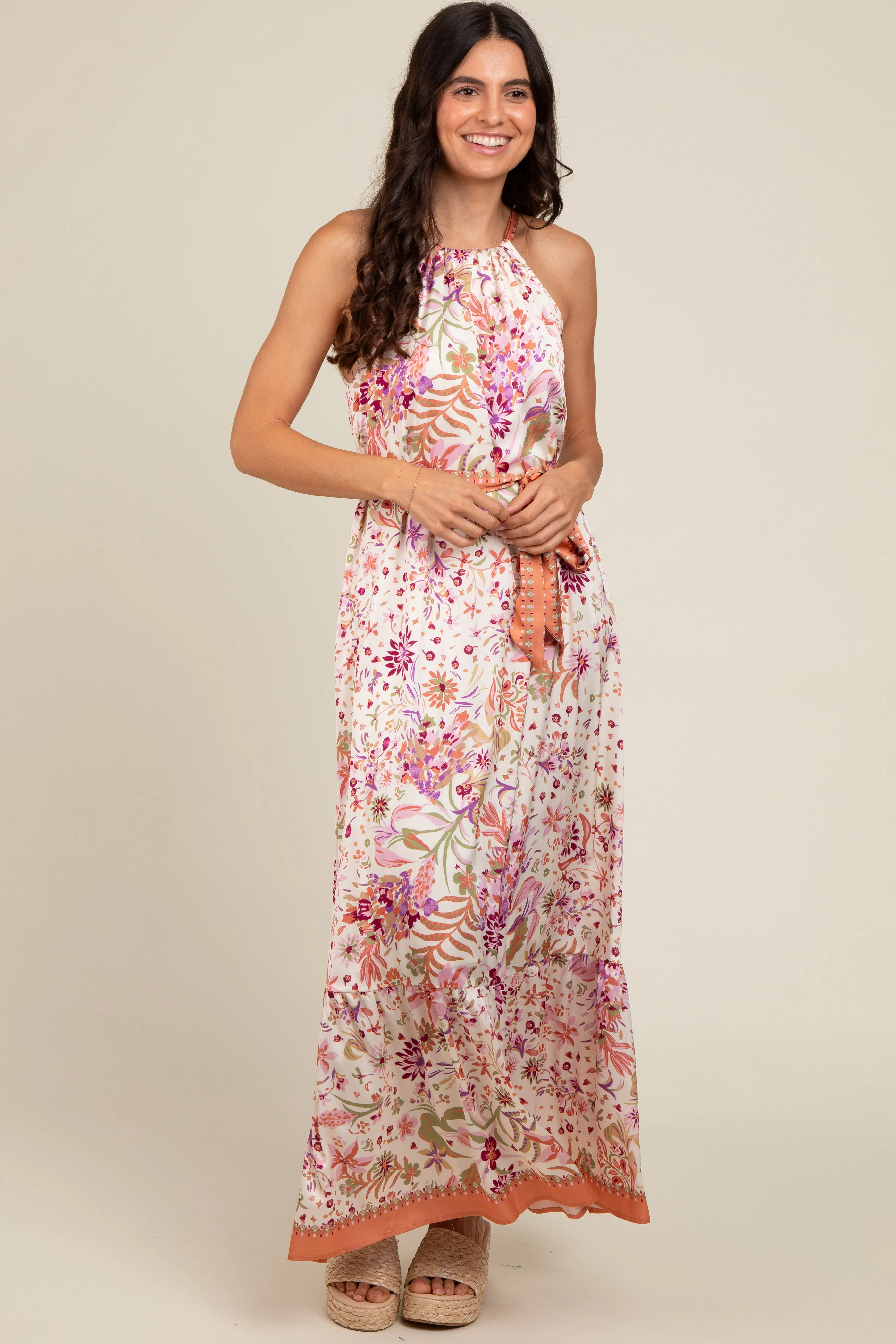 Lavender Floral Halter Front Tie Maxi Dress sold by Pinkblush