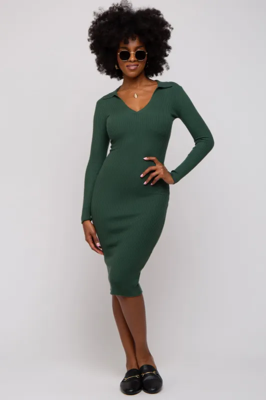 Forest Green Ribbed Knit Fitted Dress made by Pinkblush