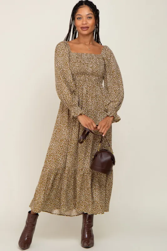 Mocha Leopard Print Square Neck Smocked Midi Dress sold by Pinkblush