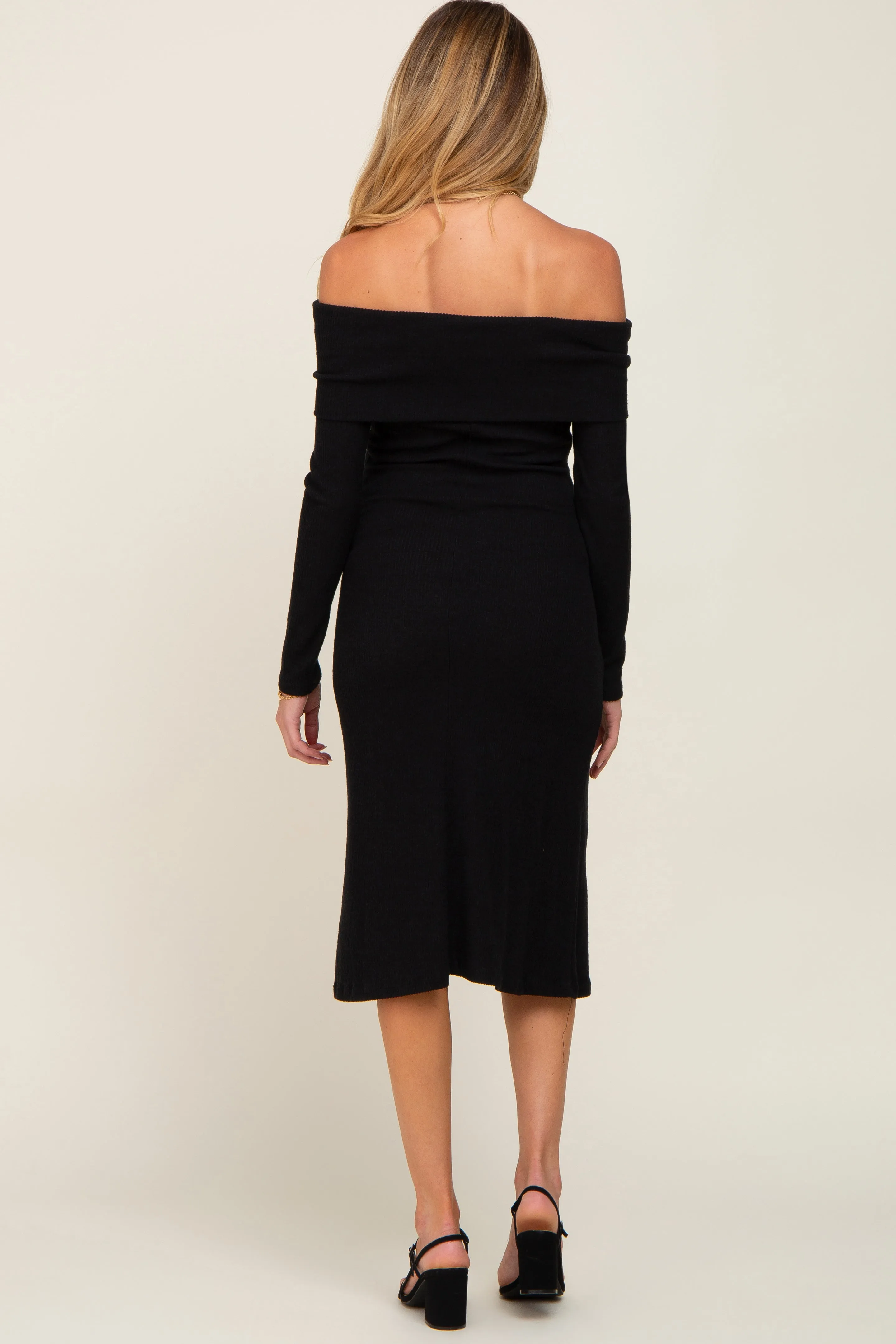 Black Ribbed Knit Foldover Off Shoulder Maternity Midi Dress sold by Pinkblush product image thumbnail 3
