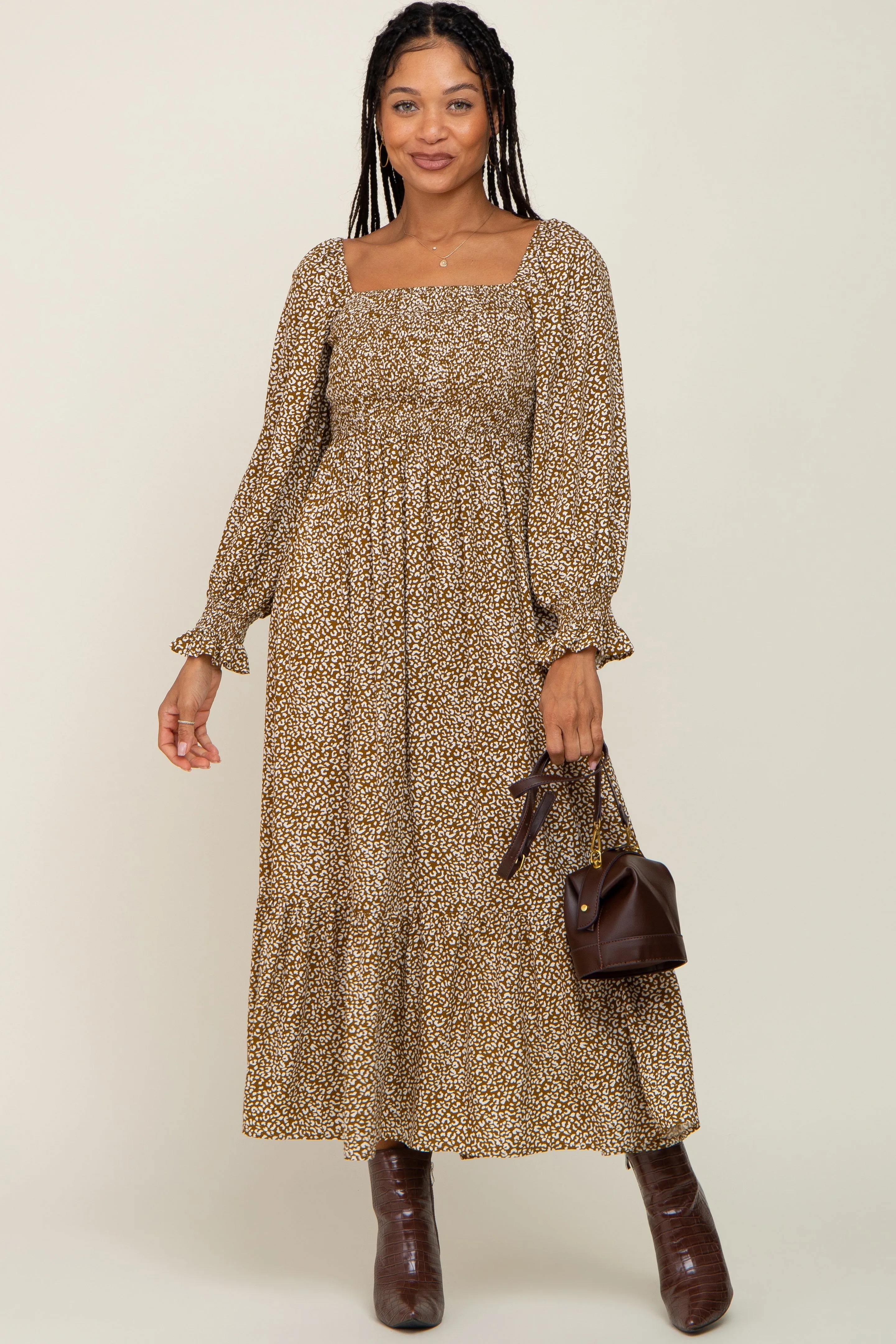 Mocha Leopard Print Square Neck Smocked Midi Dress sold by Pinkblush product image thumbnail 5