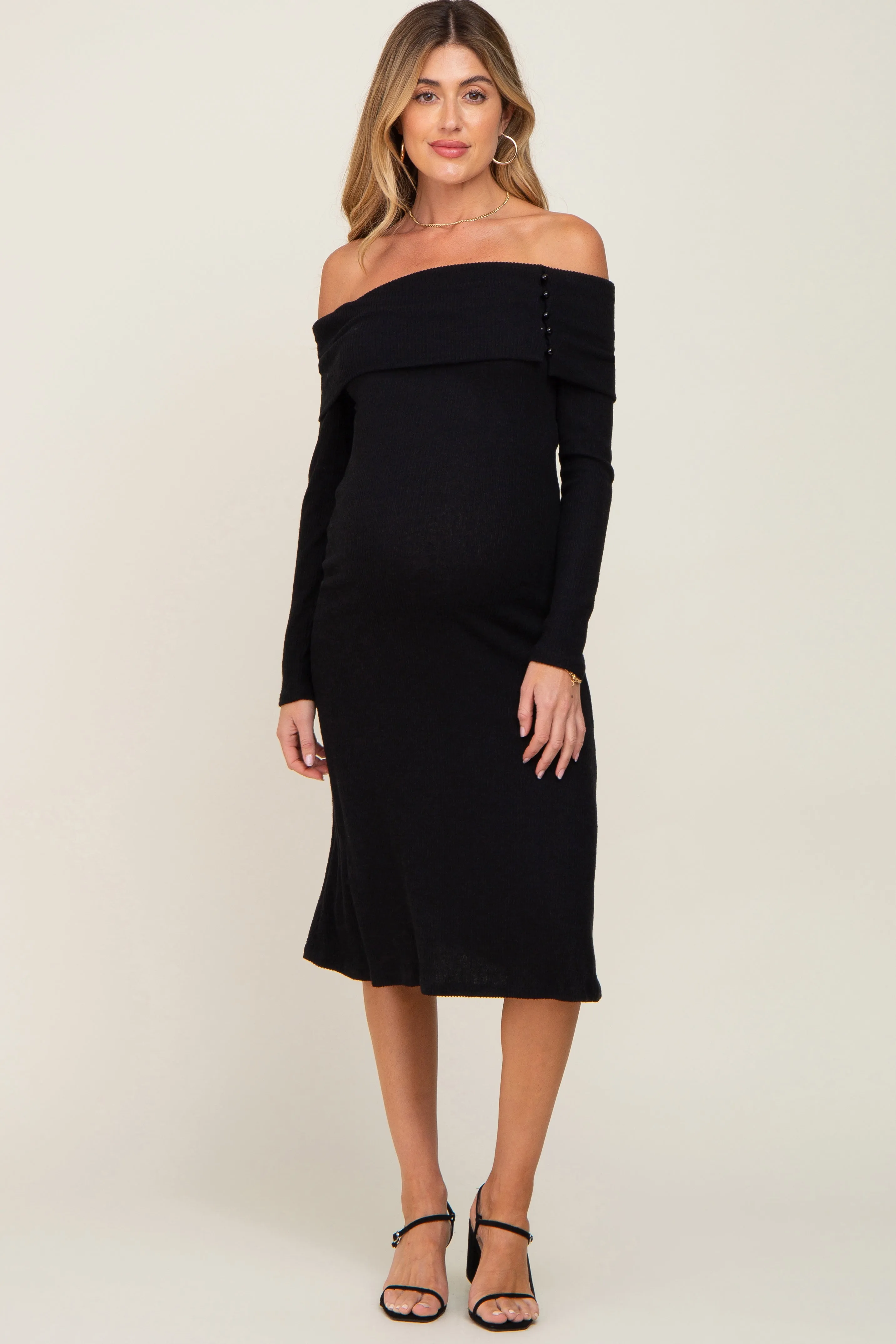 Black Ribbed Knit Foldover Off Shoulder Maternity Midi Dress sold by Pinkblush product image thumbnail 4