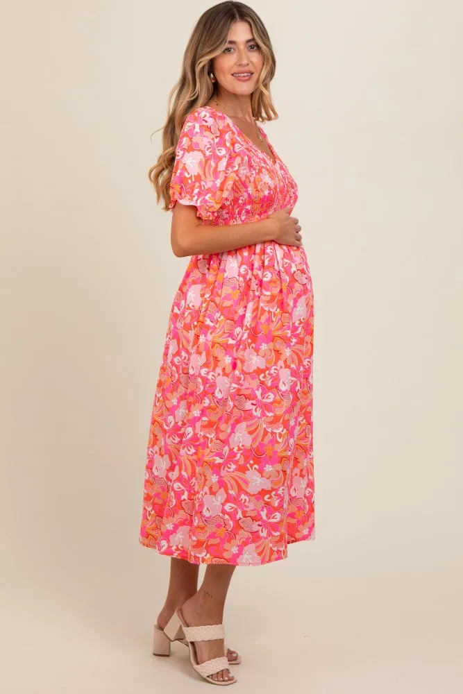 Fuchsia Floral Smocked Ruffle Short Sleeve Maternity Midi Dress sold by Pinkblush product image thumbnail 3