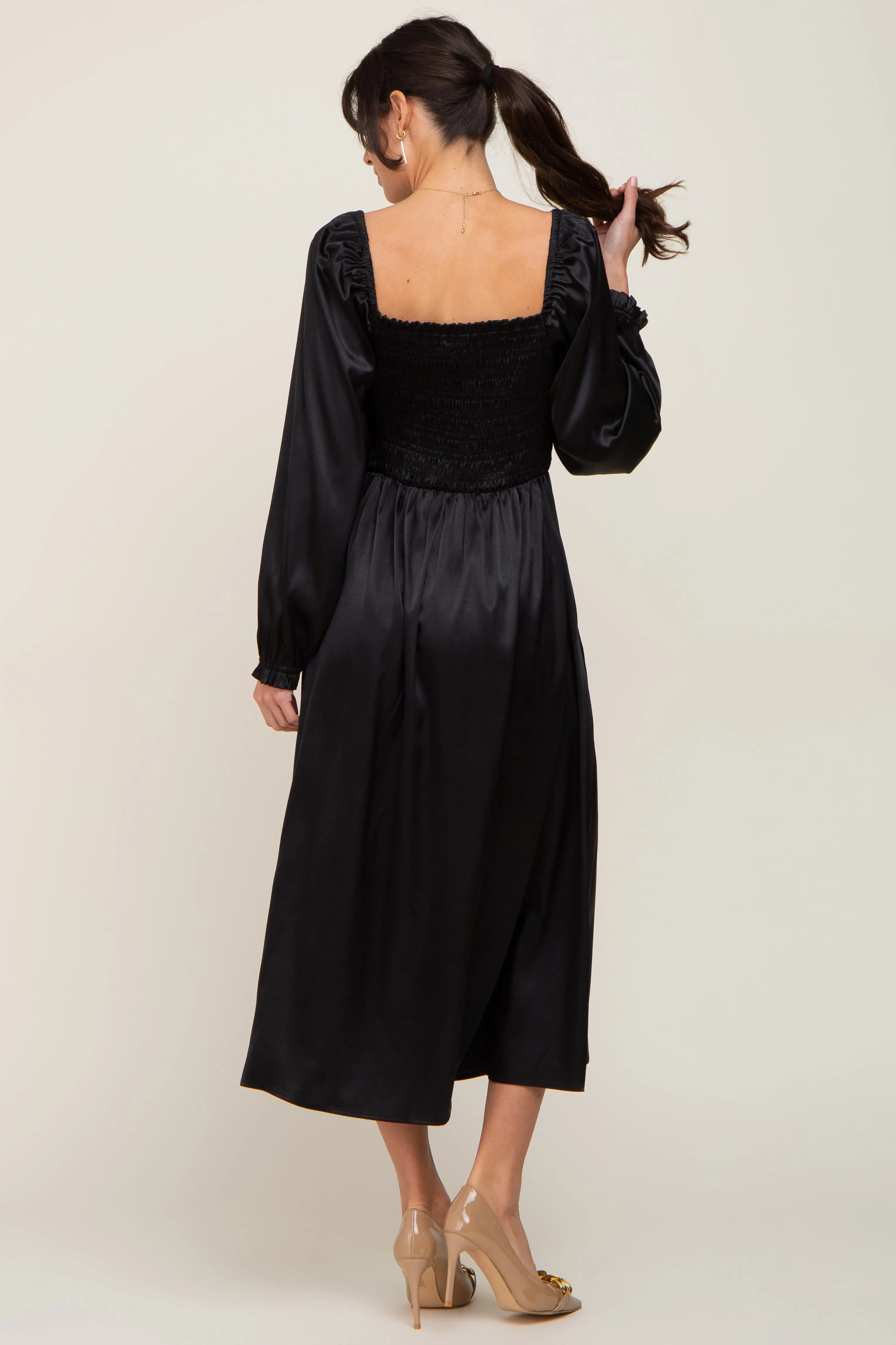 Black Smocked Square Neck Satin Midi Dress sold by Pinkblush product image thumbnail 3