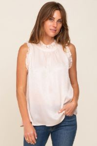 Beige Ruffle Mock Neck Sleeveless Satin Maternity Blouse sold by Pinkblush