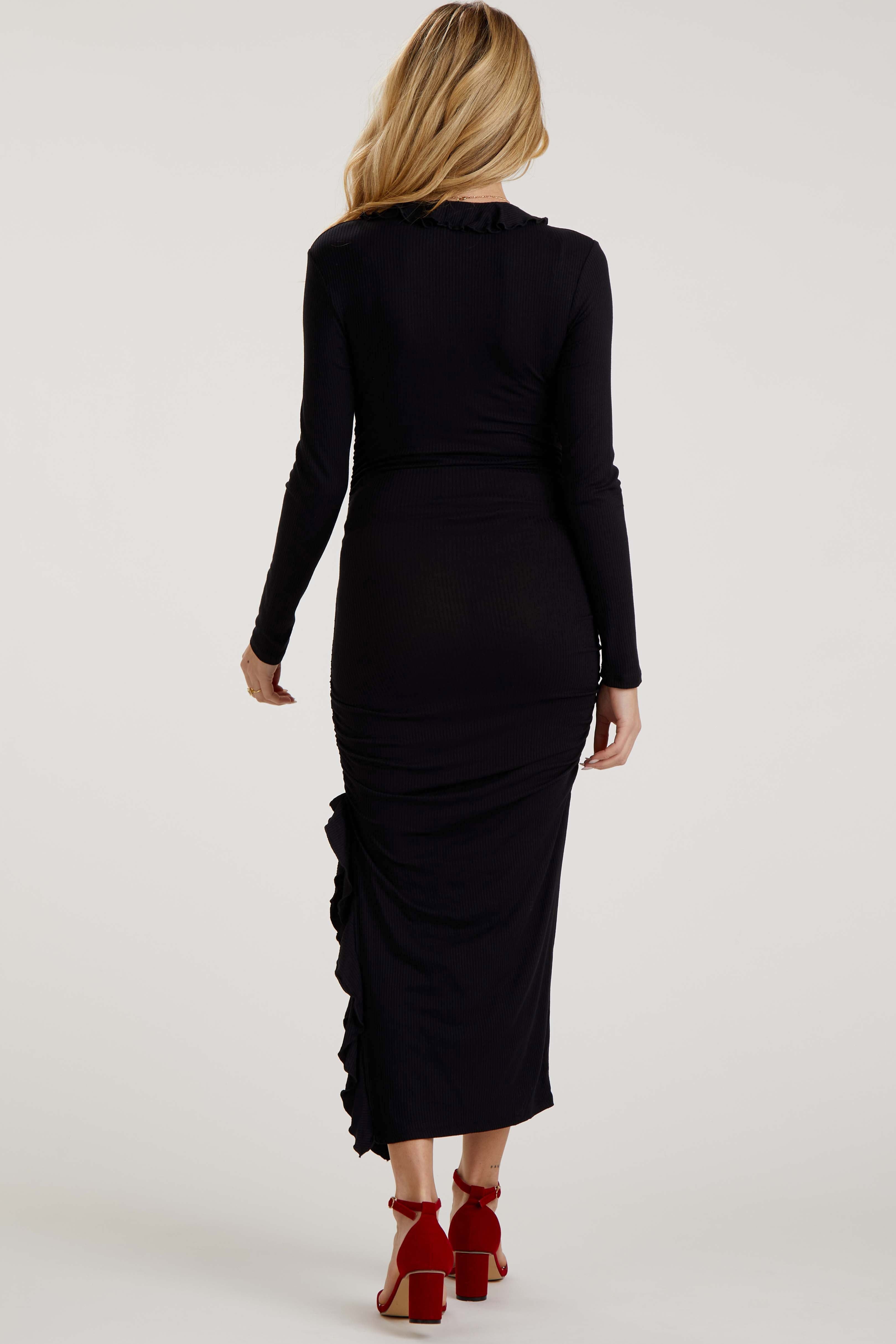 Black Ruffle Ruched Long Sleeve Maternity Maxi Dress sold by Pinkblush product image thumbnail 4