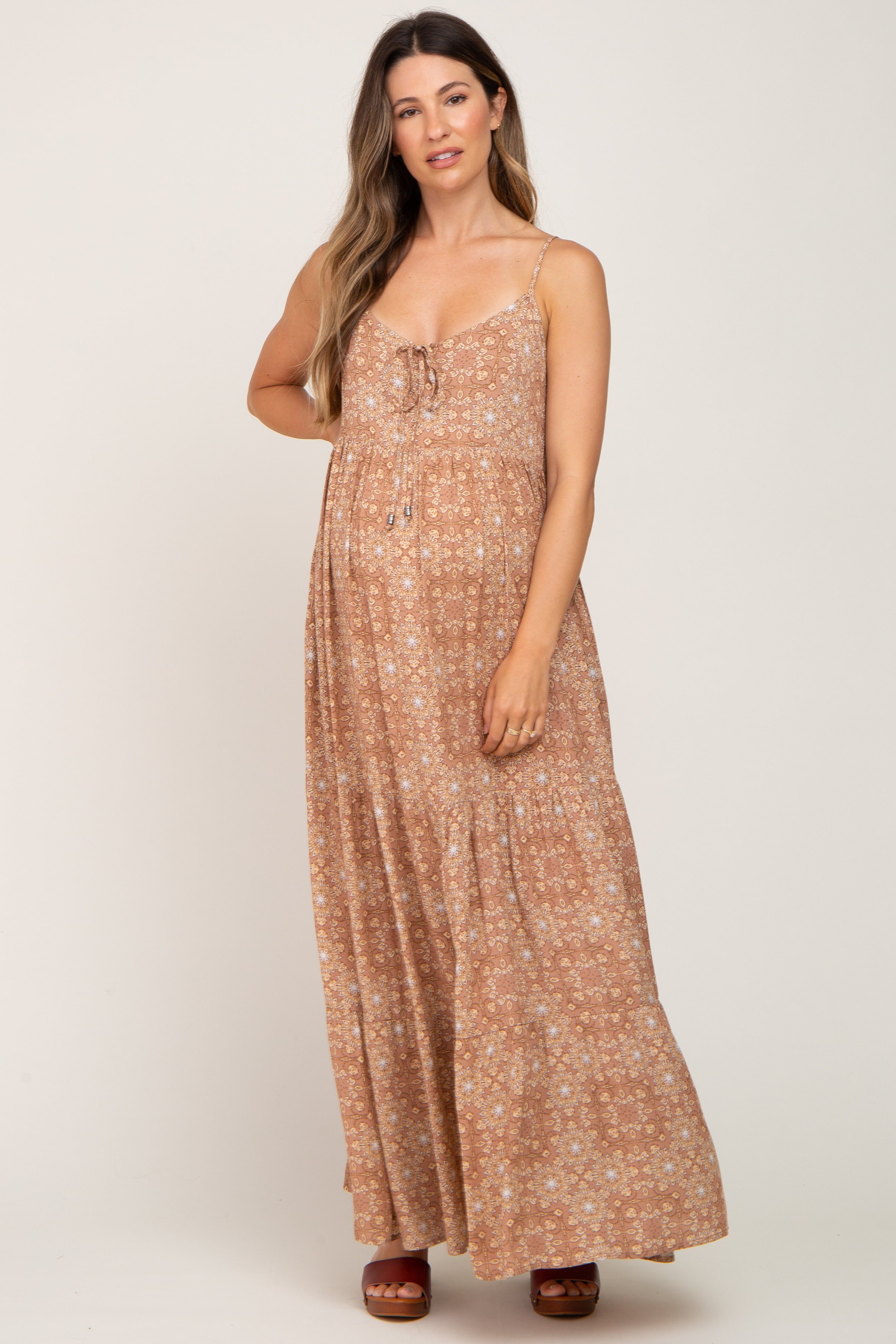 Camel Floral Tiered Front Tie Maternity Maxi Dress sold by Pinkblush product image thumbnail 5