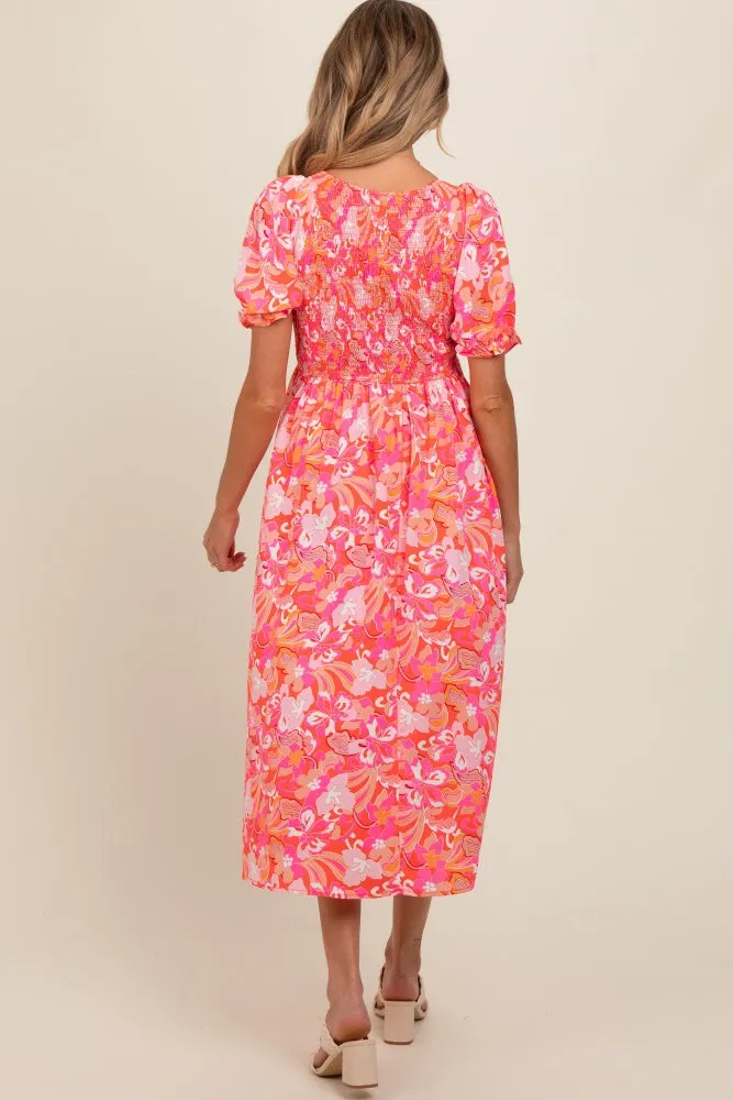 Fuchsia Floral Smocked Ruffle Short Sleeve Maternity Midi Dress sold by Pinkblush product image thumbnail 4